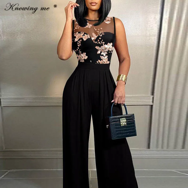 Office Lady Floral Embroidery Jumpsuit Women Summer Sexy sleeveless wide Leg pants overalls Female high waist one piece Outifits