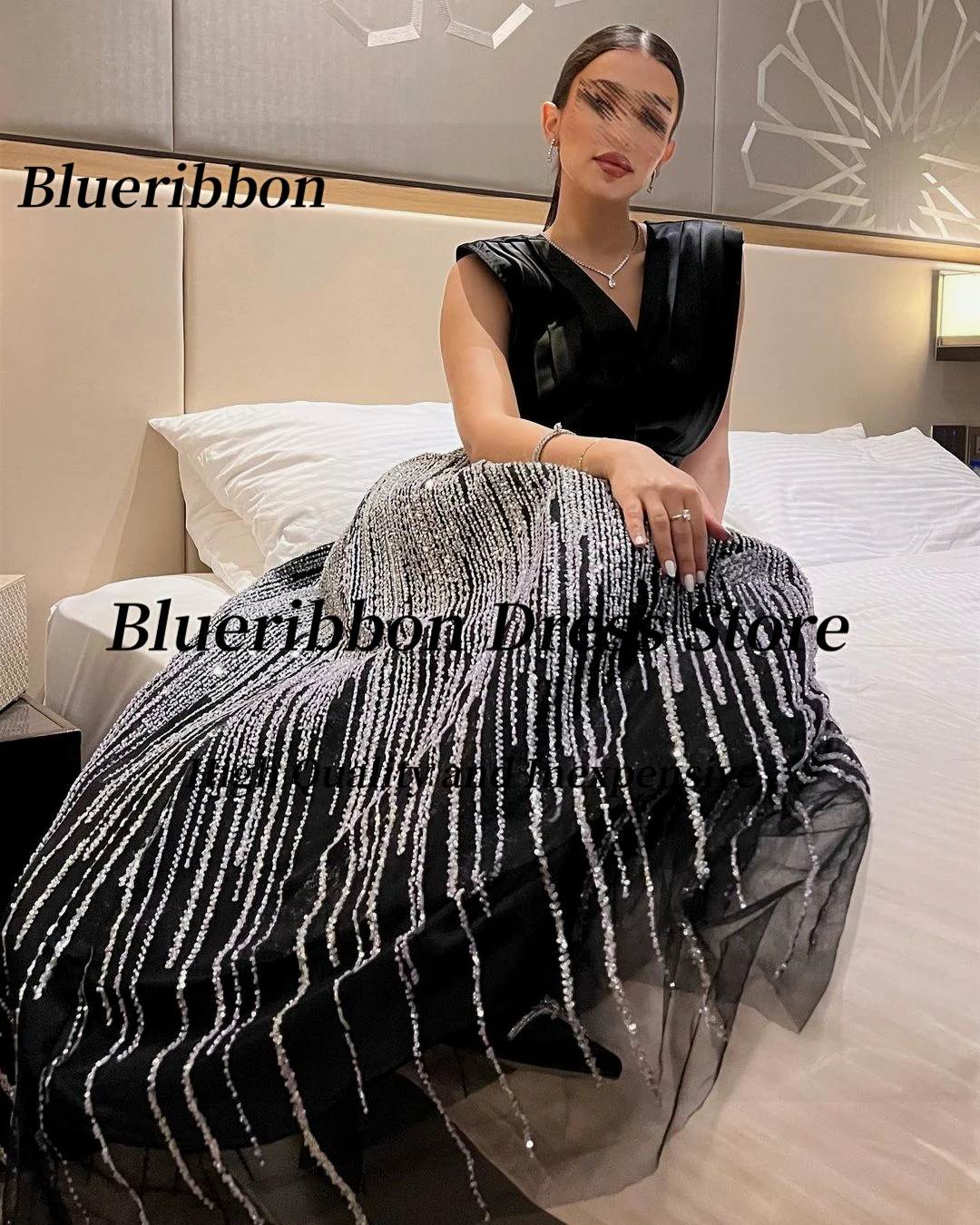 Blueribbon تألق خط طويل فساتين لحضور الحفلات الموسيقية Ruched الخامس الرقبة حفلة عيد ميلاد السيدات ارتداء مخصص فساتين السهرة الرسمية مأدبة