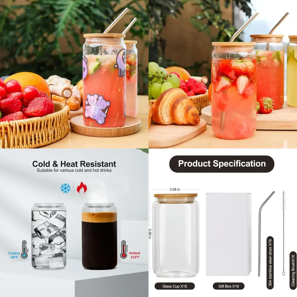 

16Pcs Glass Cups With Bamboo Lids and Straws,16Oz Ice Coffee Cup,Drinking Glasses Cups Set,Water Bottles Glasses for Juicing,Bee