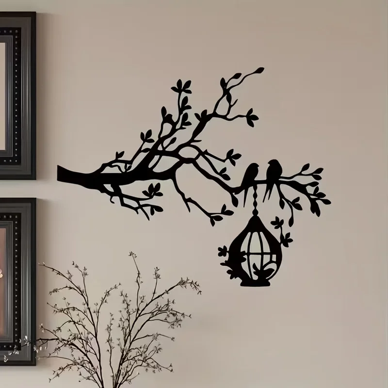 1 Piece, Minimalist Metal Line Art Landscape Outdoor Wall Hanging Decoration, Two Birds on a Branch, Large Cage Hanging under the Tree - Tranquil Landscape Wall Decoration