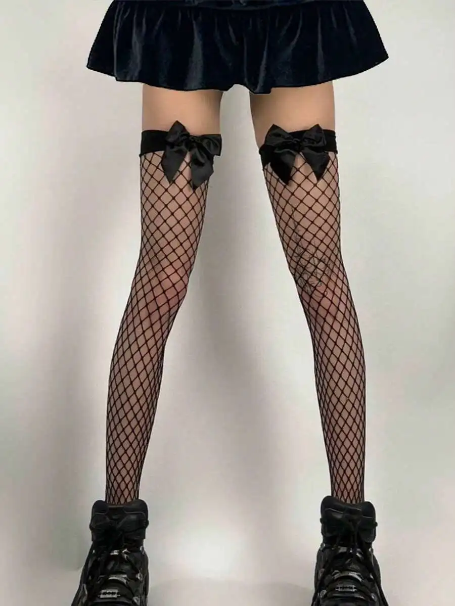 Bow Decor Fishnet Thigh High Stockings, Elastic Hollow Out Grid Over The Knee Fishnet Socks, Sweet Sexy Hold Up Mesh Hosiery For view 6