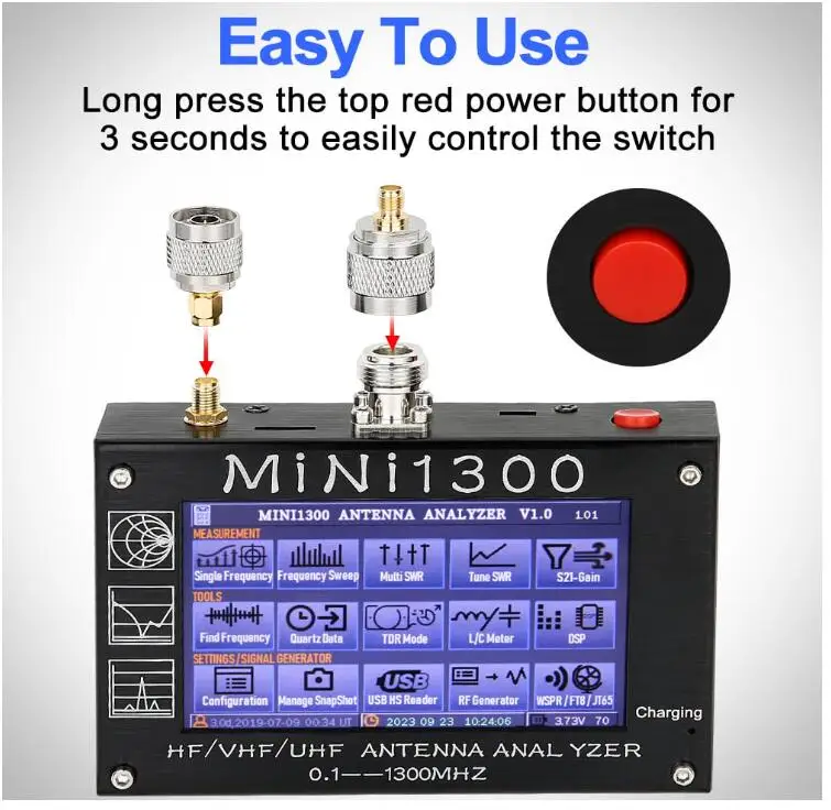 Mini1300 Antenna Analyzer, 4.3 Inch 0.1-1300MHz HF VHF UHF Antenna Analyzer  ANT/SWR/TDR/DSP RF Signal Generator Vector Network