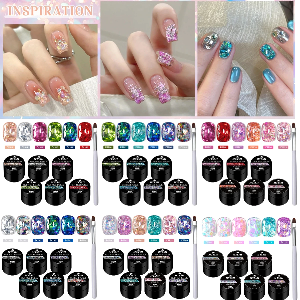 

7PCS/SET Mtssii Sequins Nail Gel Kit Glitter Silver Gel Nail Polish Semi-permanent Varnish Soak Off Nail Art Maniucre With Brush
