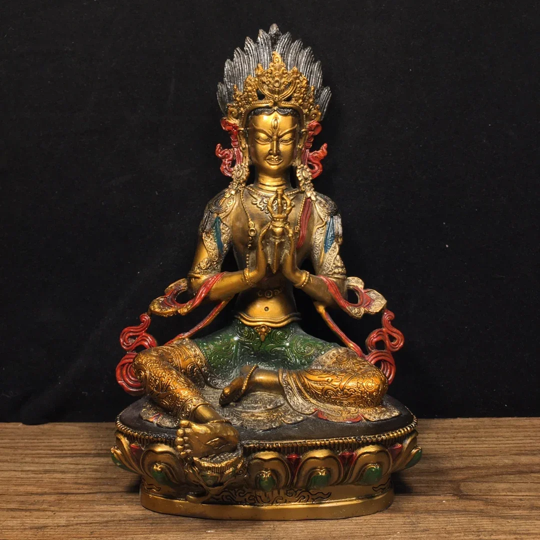 Ancient China Refined Pure Copper Painted Buddhism Green Tara Bodhisattva Buddha Statue