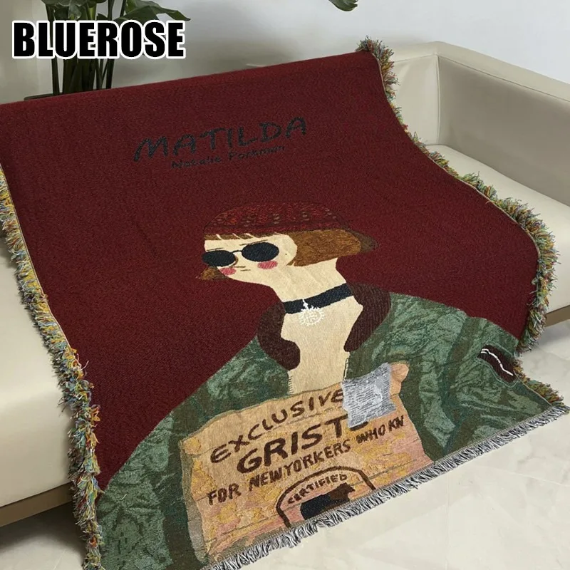 

Retro Cartoon Character Jacquard Sofa Throw Blanket Woven Tassels Multifunctional Blankets for Couch Bed Outdoor Camping Picnic