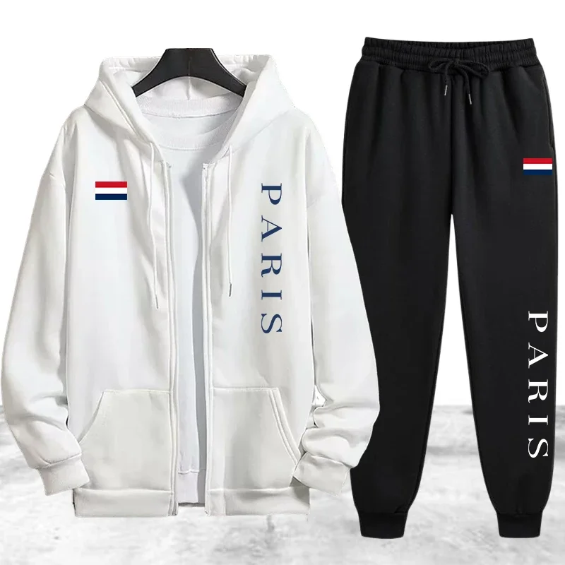 Paris Printing Men's Tracksuit Casual Zip Hooded Sweatshirts Coat Daily Sports Jogging Clothing Autumn Winter Single Tops Pants - view 2