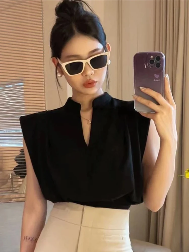 Retro Stand Collar Short Sleeve Shirt Women's Fashion Korean Style V Neck Slim Fit Top Brand Quality Summer Clothing