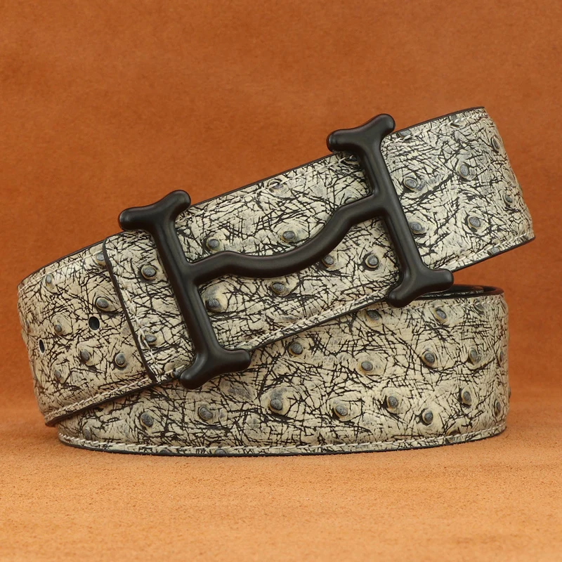 

High quality letter slide buckle belts men waist strap genuine leather 3.8cm wide Ostrich pattern casual ceinture homme