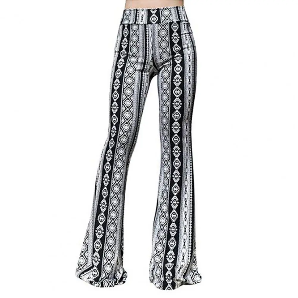 

Women Long Pants 70s Flared Hem Print High Stretchy Slim Long Floor Length Thin Bell-bottomed Trousers