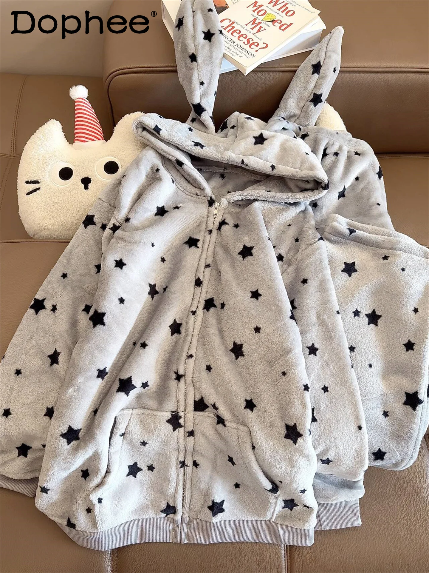 

Корейская женская пижама INS Little Star с длинными рукавами и капюшоном, осенне-зимний утепленный теплый фланелевой комплект домашней одежды из двух предметов