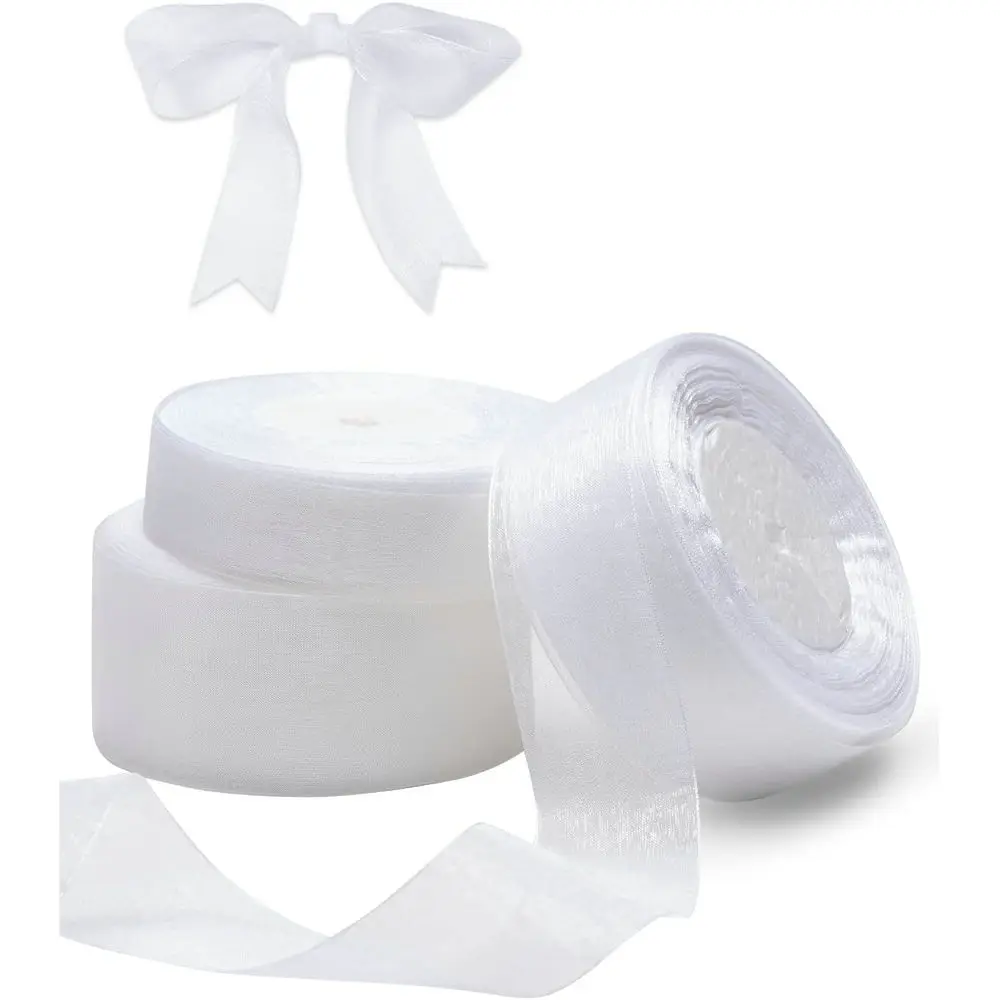 50 Yards White Sheer Chiffon Ribbon Organza Satin Ribbons for Gift Wrapping Wedding Decoration Bouquets Party DIY Fabric Crafts