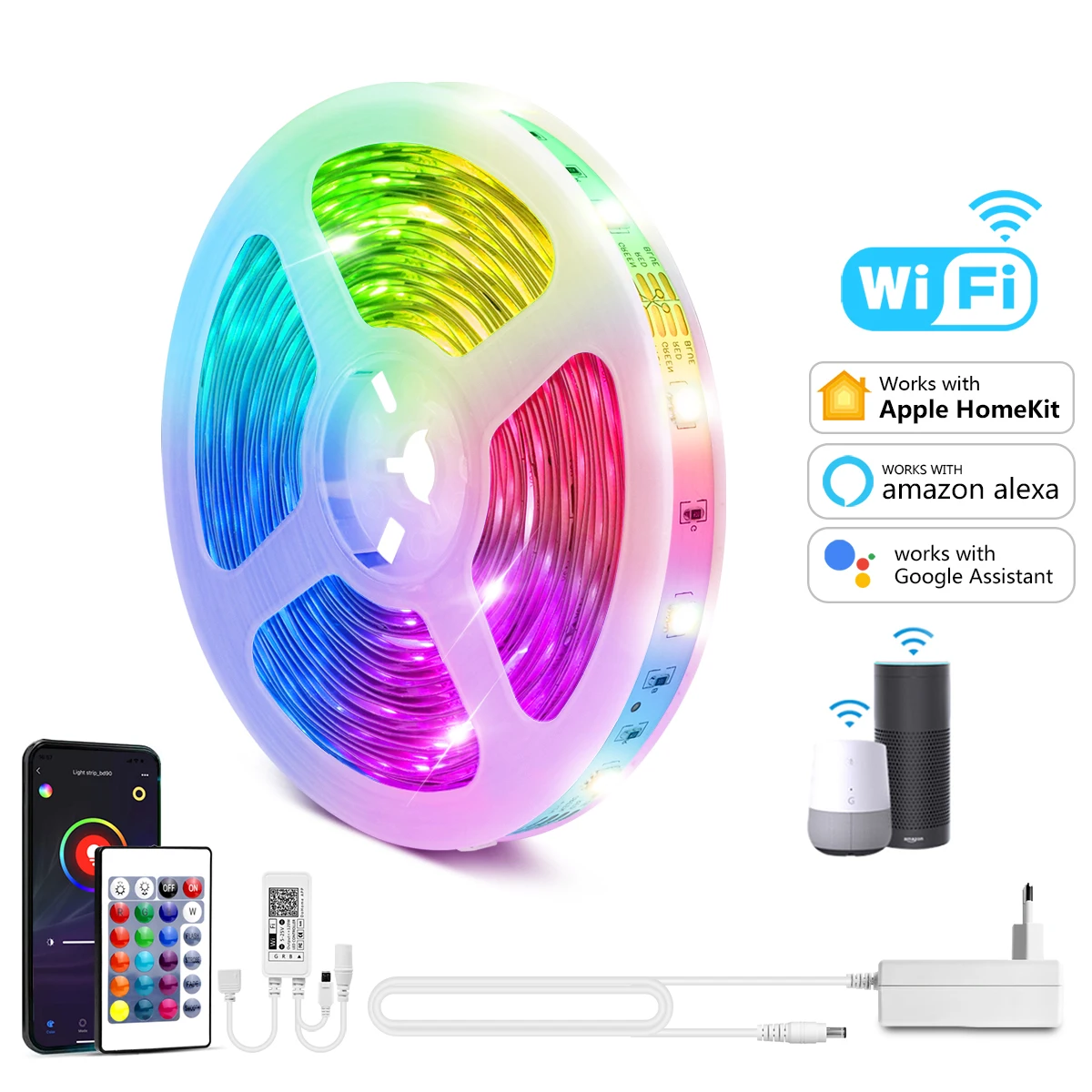 Homekit App RGB LED Strip WIFI 5050 Flexible Ribbon Tape Diode Work With Alexa Google Home WIFI Control+Adapter 5M 10M 15M 20M