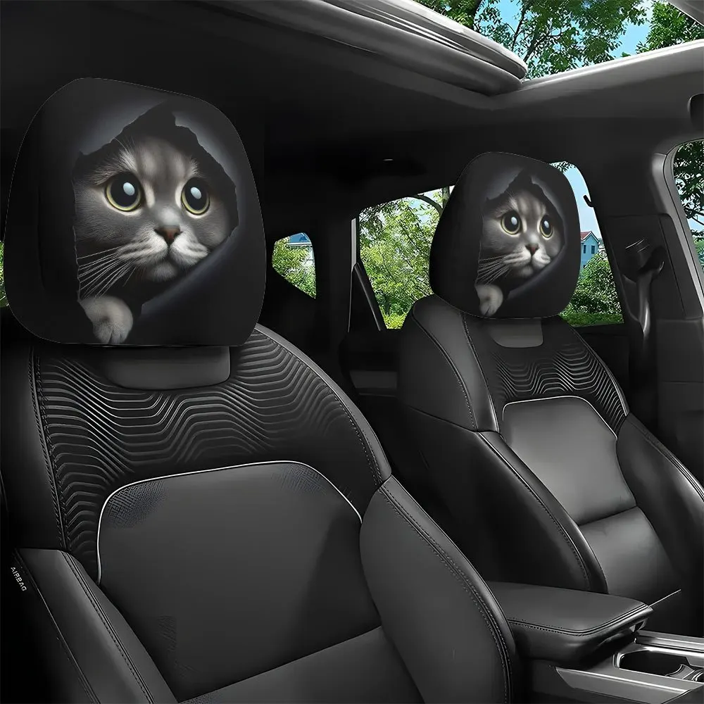 2 pieces of realistic car headrest covers with cute cats showing their faces, essential for long trips, washable and stretchable
