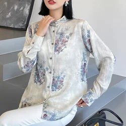 Vintage Chinese Style Women's Shirt Disc Button Stand Collar Top Ink Printing Imitation Silk Shirt Temperament Women Clothing