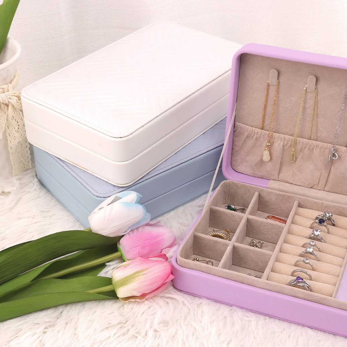 أزياء المرأة المحمولة السفر صندوق مجوهرات بو الجلود قلادة حلقة أقراط سستة صناديق تخزين مجوهرات عرض الحالات المنظم