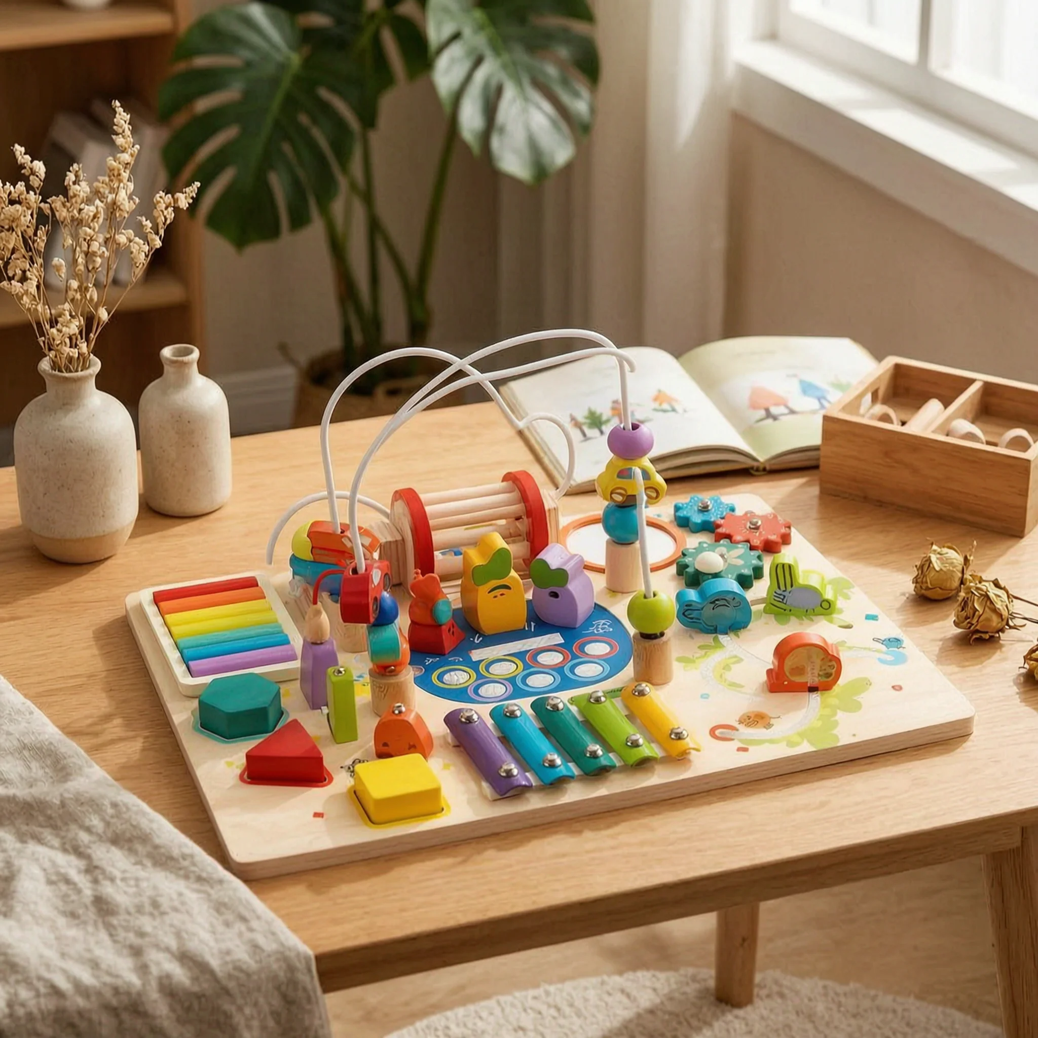 木製アクティビティテーブル-子供中心の幼児用アクティビティテーブル-ビーズ迷路付き家具-幼児向けインタラクティブ天然木製家具