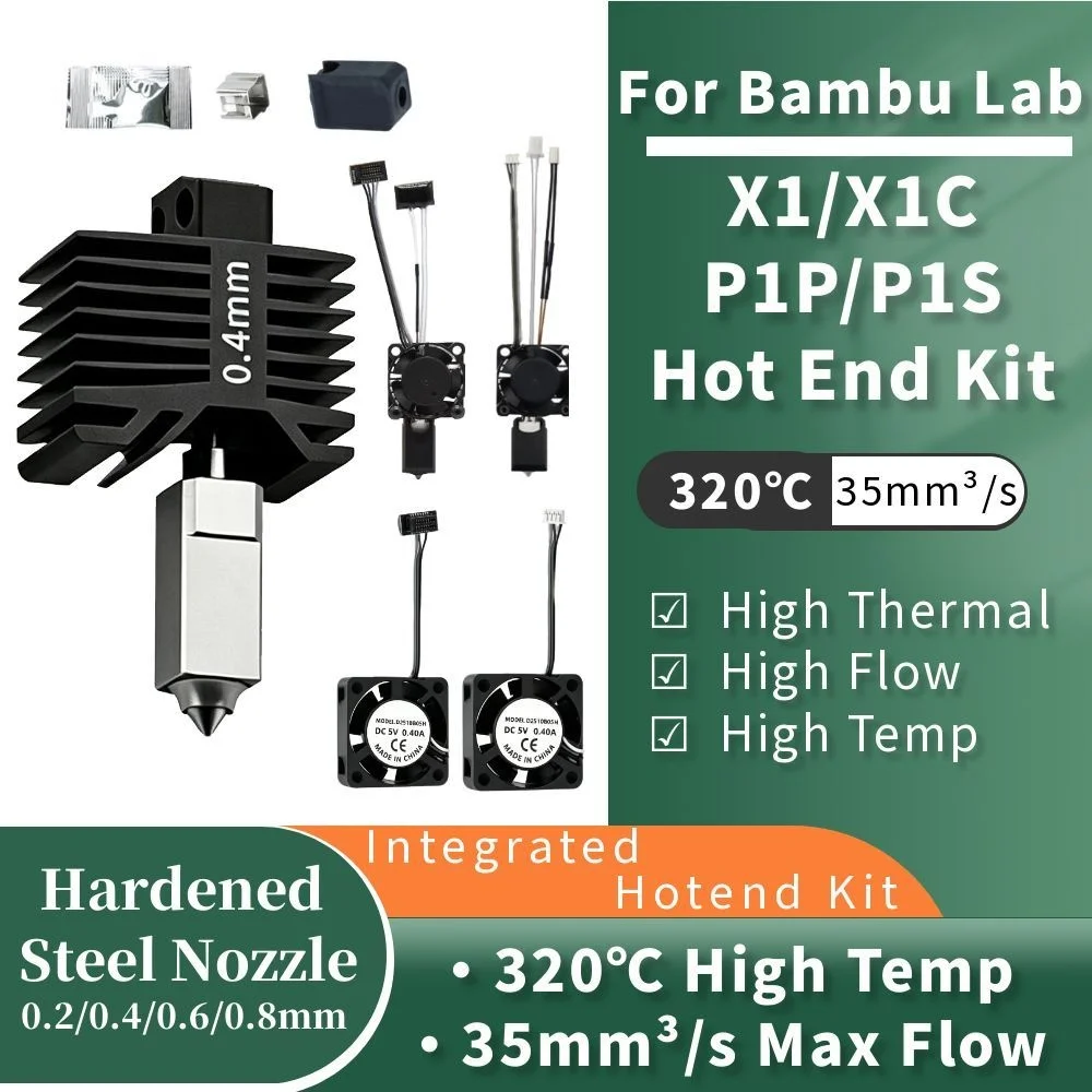 

Модернизированный хотэнд для Bambu Lab X1/X1C, хотэнд для Bambu Lab P1P/P1S, сопло из закаленной стали 0.2/0.4/0.6/0.8 мм, запчасти для 3D-принтеров