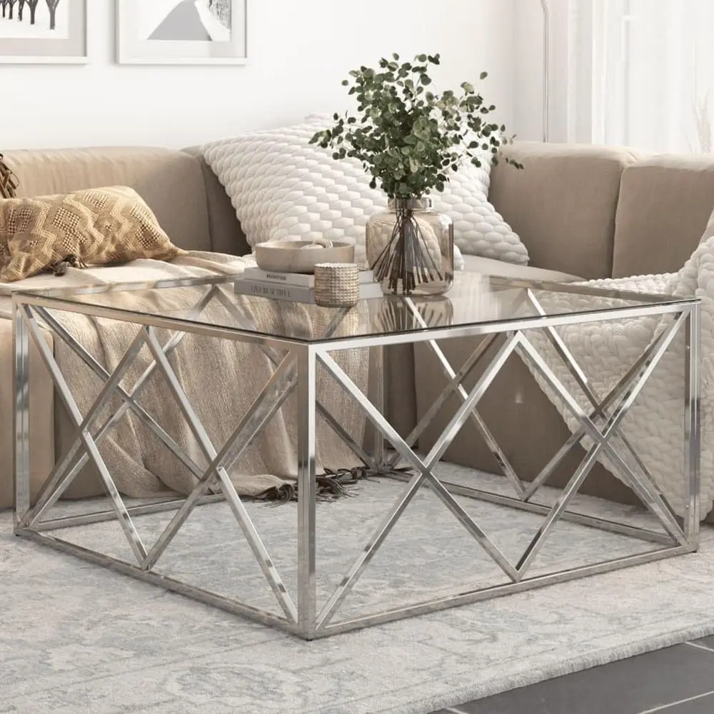 

Modern Tempered Glass Coffee Table with Polished Stainless Steel Frame for Minimalist Living Room Decor