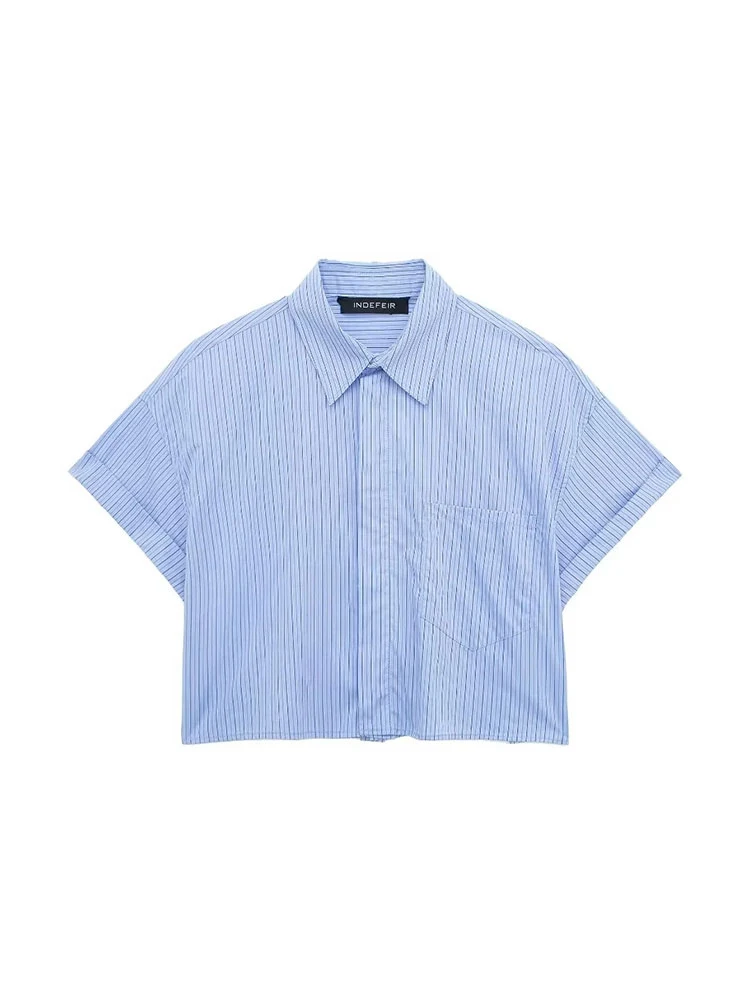 HH ملابس الصيف النسائية شيك الأزرق شريط التلبيب واحدة الصدر زر حتى المرأة قصيرة الأكمام قميص التنقل مكتب أعلى #3