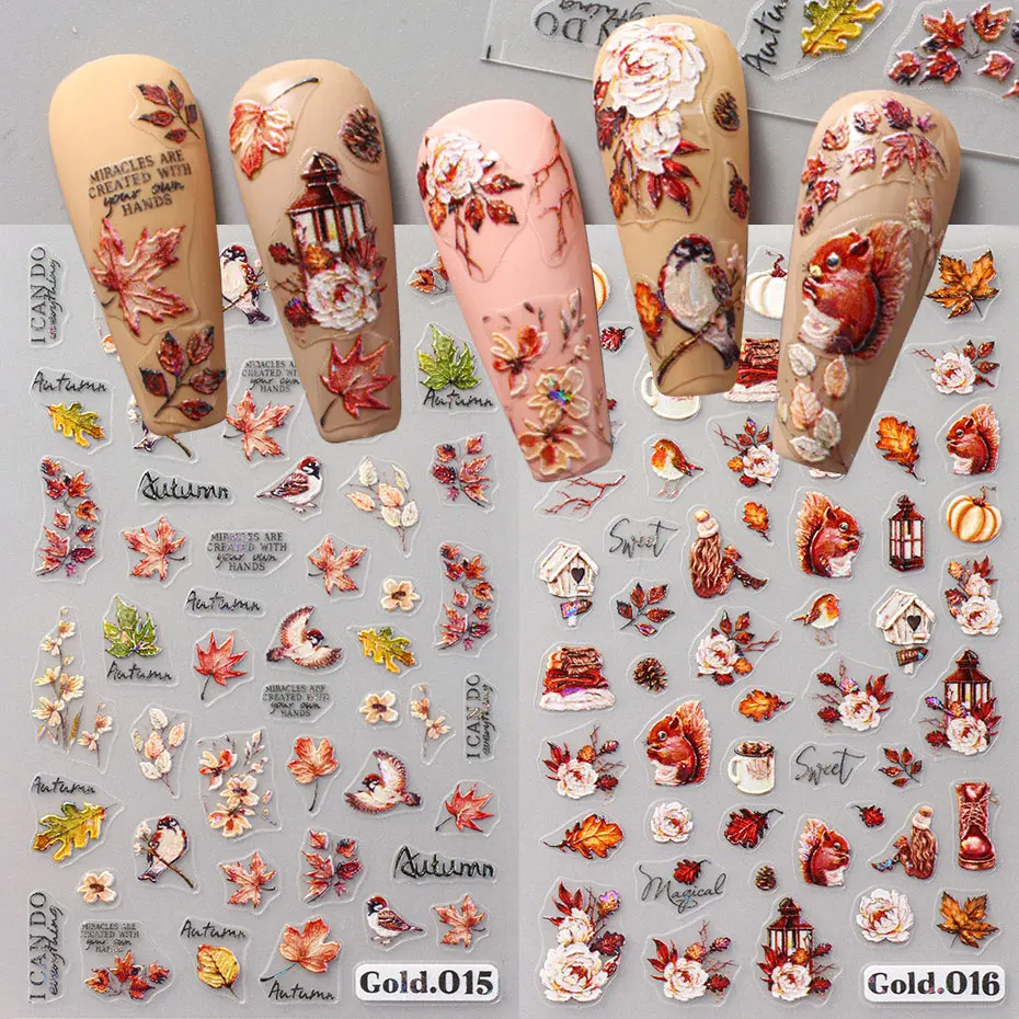 2/4pcs 5D Laser Autumn Bird Decals Fall Embossed Maple Leaves Squirrel Nail Sticker Fruits Flower Engraved Charm Manicure Decor