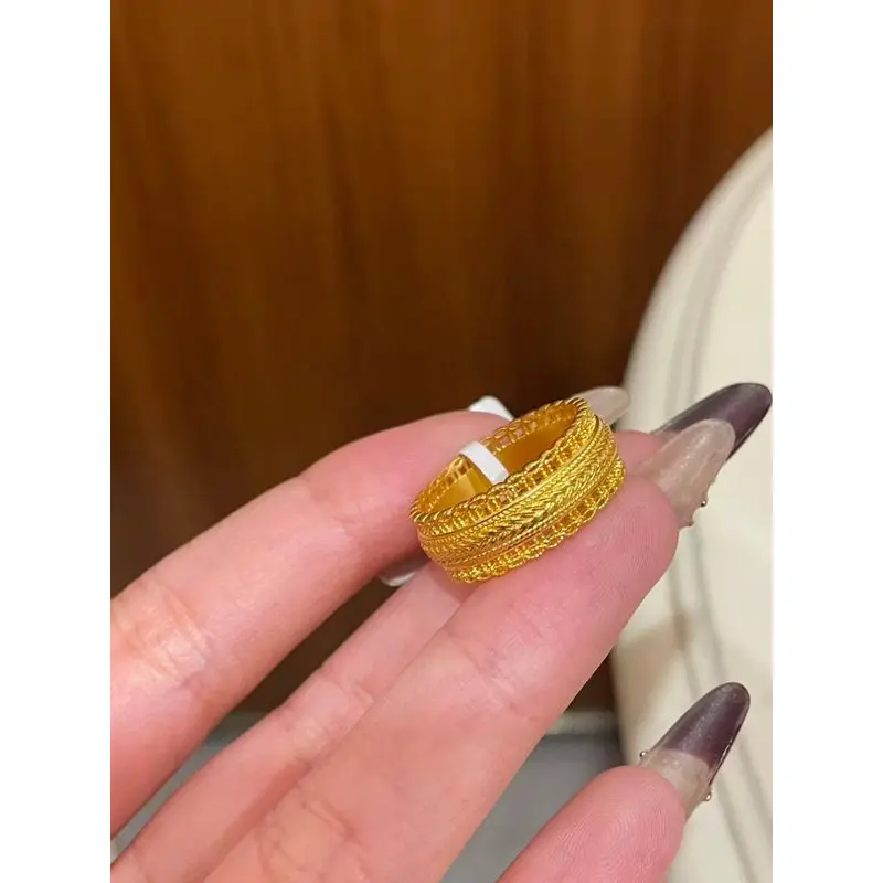 24k 999Gold ring, symbolizing wealth, with woven texture, wide band, elegant and versatile for women
