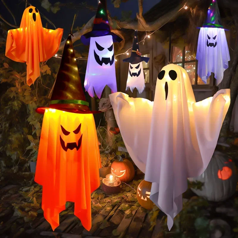 Lámpara LED de decoración de Halloween, linterna de calabaza, sombrero de mago, luz colgante, cadena de luces de fantasma, luz de ambiente de terror para Festival de fantasmas