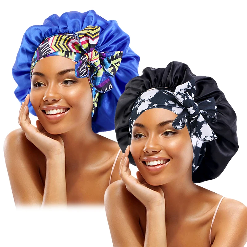 2 TEILE/LOS Boho Gedruckt Stirnband Satin Motorhaube Spitze Up Bowknot Haar Motorhaube Elastische Schlafen Nacht Kappe Dusche Bad Motorhauben Für Frauen – Detail 7
