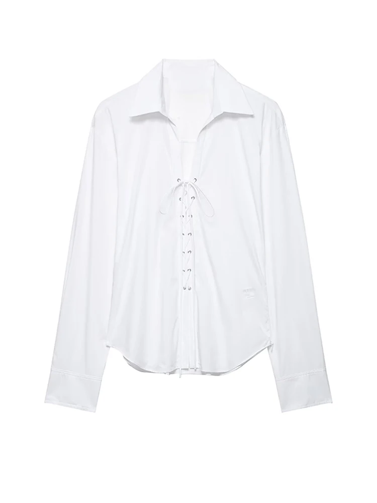 

TFMLN Thin Long Sleeve Shirt For Woman Fashion Lapel Lace Up Solid White Shirts Chic Slim Fit Casual Holiday Beach Blouse 2026