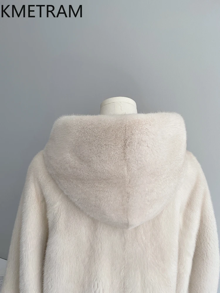 100% 순수 밍크 퍼 코트 여성 고급 중간 길이 리얼 퍼 재킷 후드 고품질 겨울 여성 의류 퍼 재킷 2025