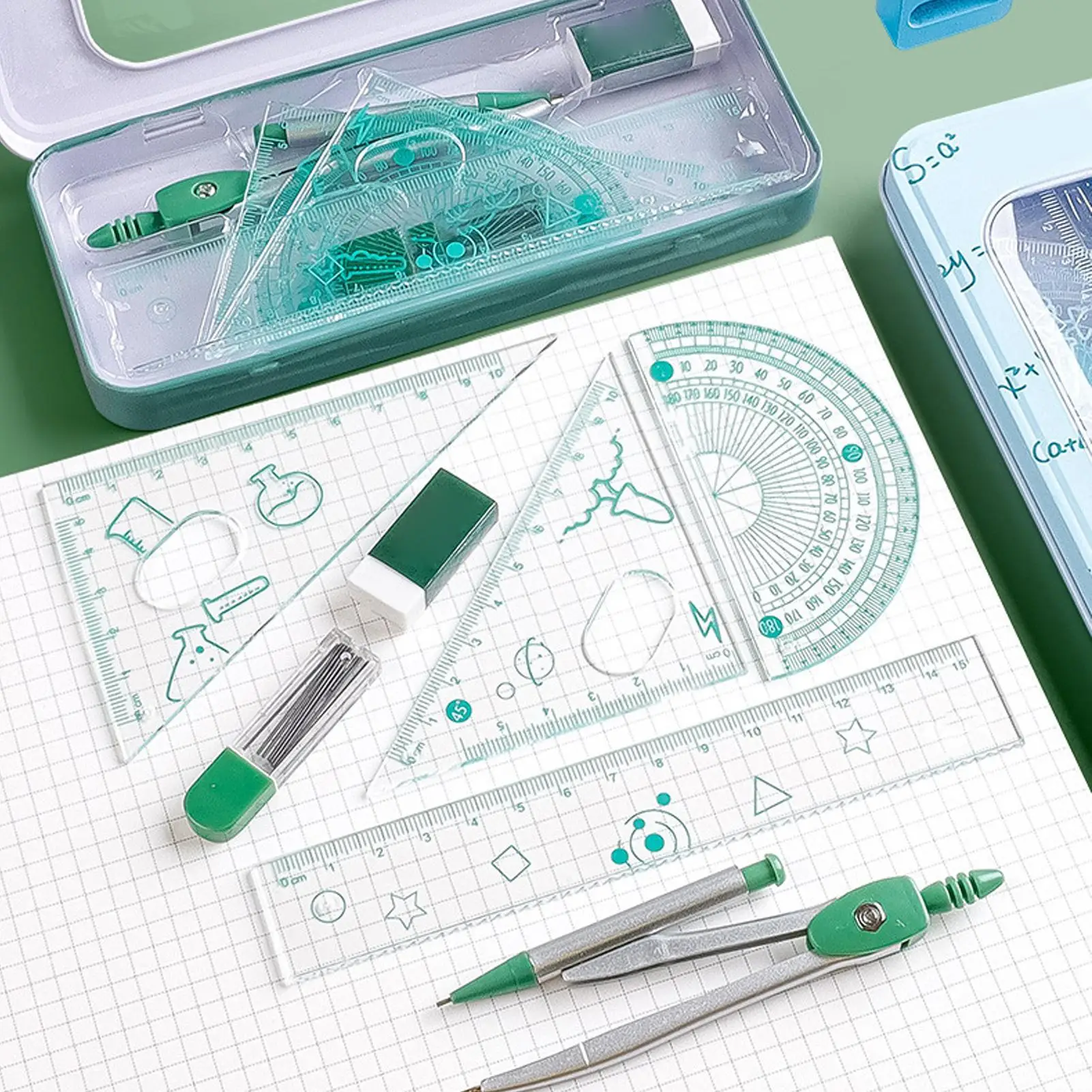 Protractor And Compass Set 8-piece Shatterproof Reusable Protractor Geometry Math Set For High School Middle School College