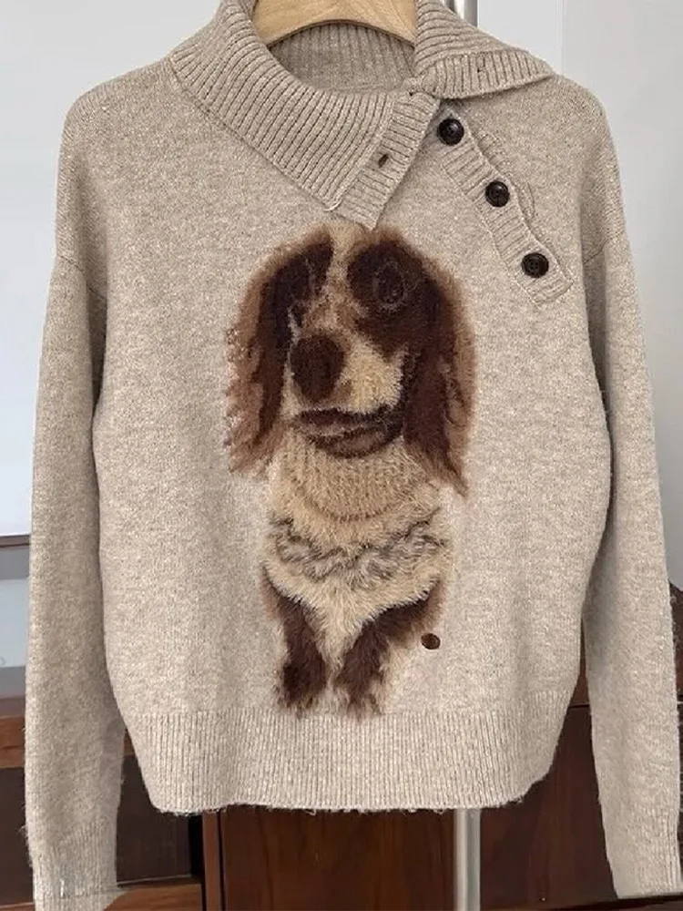 

Lovely Little Dog Baby Pattern Pullover Oblique Neck Knitted Sweater Commuter Casual Warm Soft Top 2025 Lady Fall Winter Tops