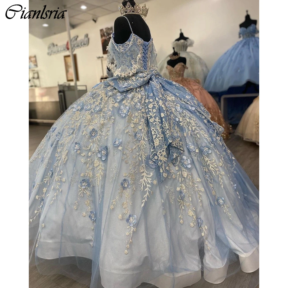 Vestido De quinceañera De manga larga, traje azul claro con cristales, tirantes finos, apliques De flores en 3D, corsé, 15 Años