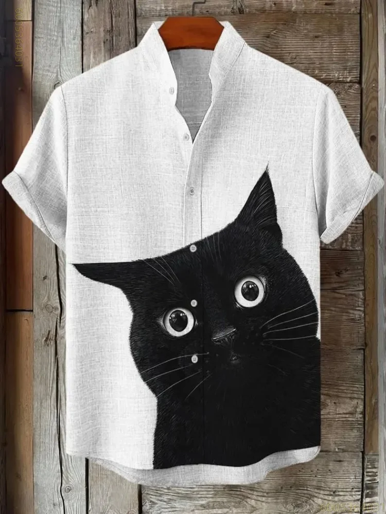 Men's shirt with black cat and shark print, stand-up collar, short-sleeved, loose-fitting, beach vacation cardigan shirt.
