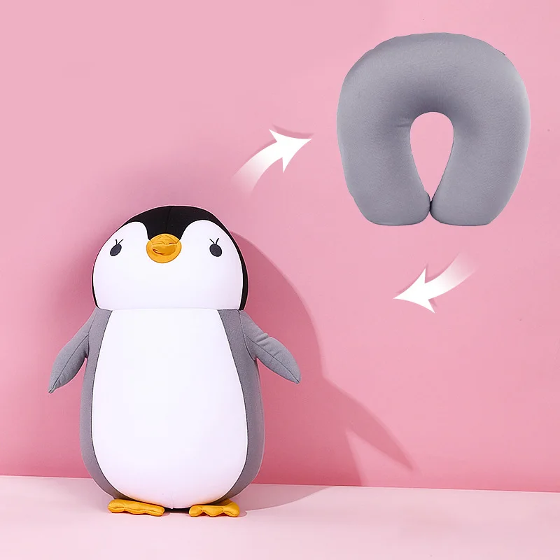 Cute U-shaped Penguin Polyester 2 In 1 Transform Microbeads Neck Pillow for Travel Gift