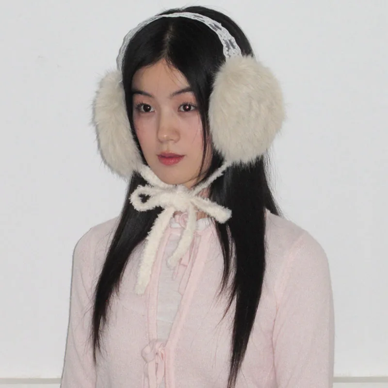Cute Earmuffs lace Bow Plush  Winter Warm Folding Earmuffs Headwear Women Earplugs Cold Protection Hair Band Cover fu ear muffs