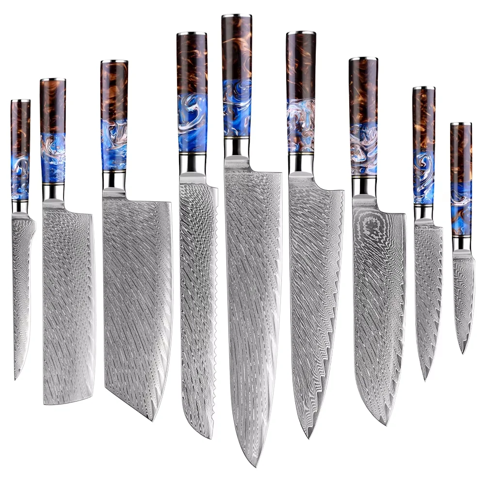 Damascus Steel Kitchen Knives 1-9 Piece Set Chef Knife Sharp Deboning Cut Vegetables Sliced Meat Bread Blue Resin Wooden Handle