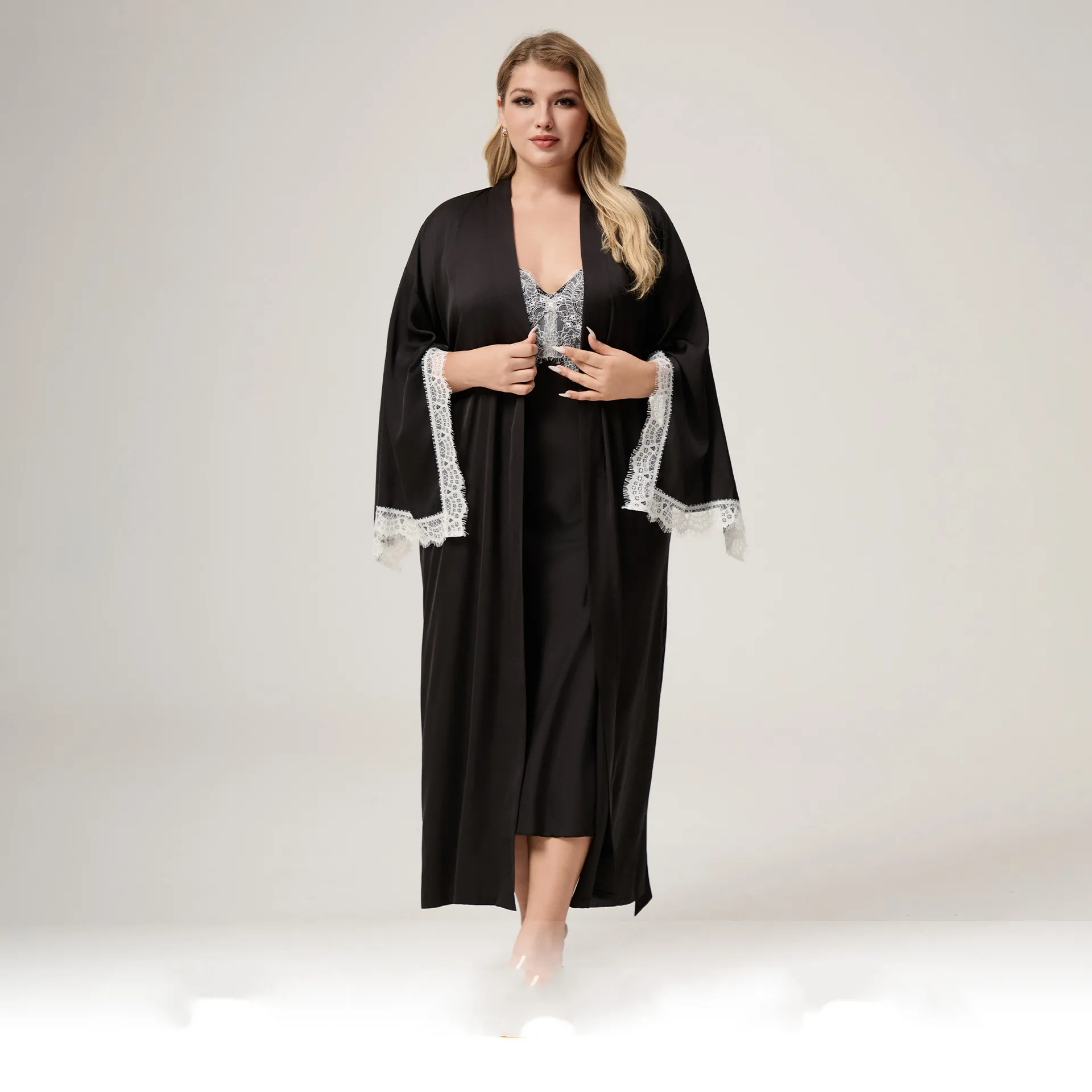 Sexy Black Robe Sleepwear Woman Lace Trim Split Cuff Kimono Bathrobe Morning Gown Loose Casual Silk Satin Lounewear