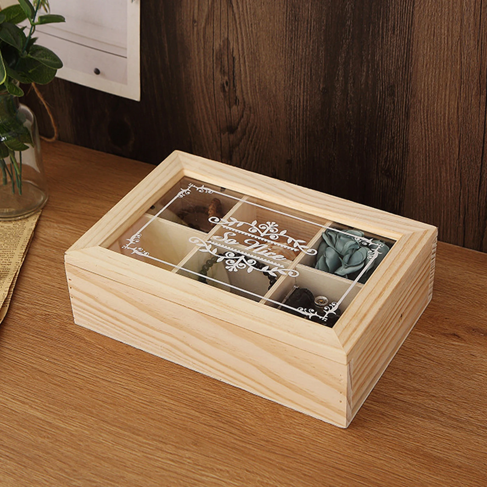 Wooden Tea Box 6 Grids Multifunctional Tea Storage Box with Lid Tea Bag Holder for Home Cabinet Kitchen Decor Organization