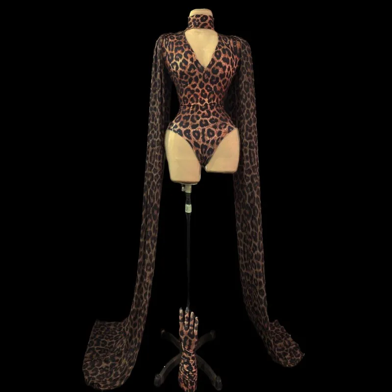 

Fashion Leopard Pattern Elastic Bodysuit Leotard Trailing Shawl Gloves Dance Outfit Women Singer Dancer Performance Club Costume