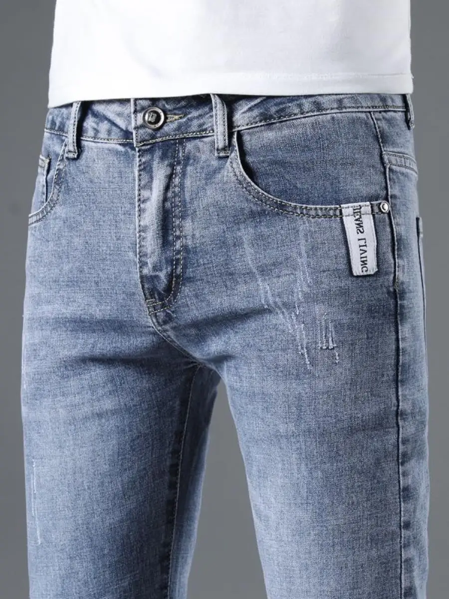 

Light Blue Men's Jeans Spring Casual Straight Leg Elastic Slim Fit Long Pants Versatile Comfortable Stretch Denim Trousers