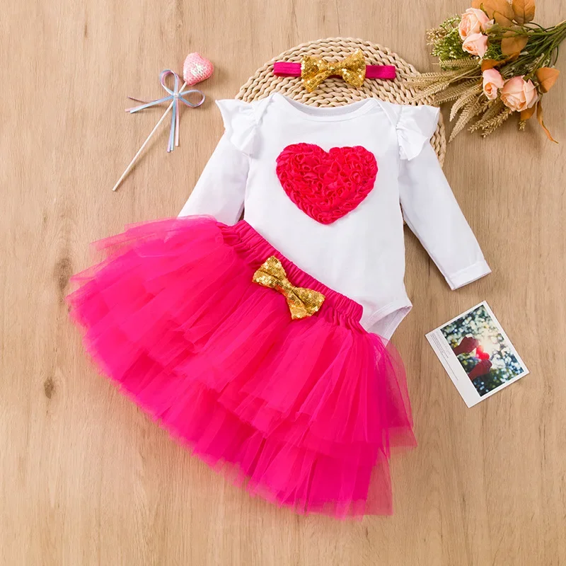 Baby Birthday Tutu Romper Skirt Heart Flower Mother\'s Day Love Flying Sleeves Sweetheart Clothes Mesh Half Skirt Set Baby Dress