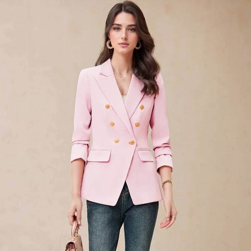 ZJYT Korean Fashion Double Breasted Blazers Feminino Elegant Office Business Chic Jacket Coat Autumn Outerwears Plus Size Tops