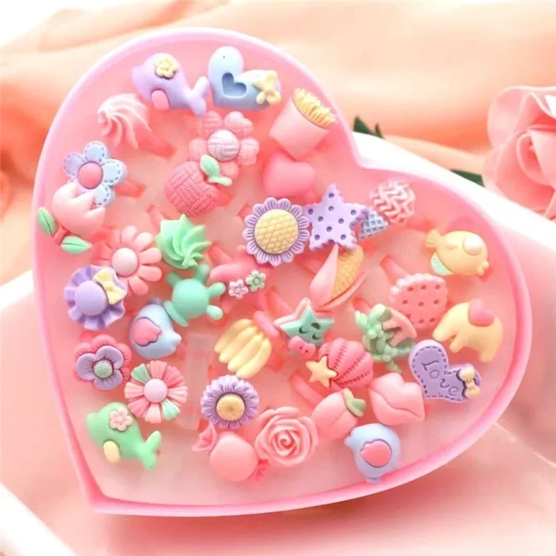 36 pezzi/scatola per bambini, animali dei cartoni animati, anelli con gemme, gioielli colorati, anelli in lega regolabili per ragazze e ragazzi