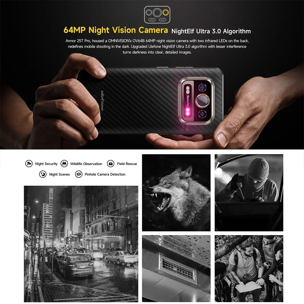 Ulefone Armor 25T Pro 5G Wytrzymały smartfon Android 14 6 GB + 256 GB Obraz termowizyjny Telefon komórkowy 6,78 cala 6500 mAh 33 W 50 MP + 64 MP NFC