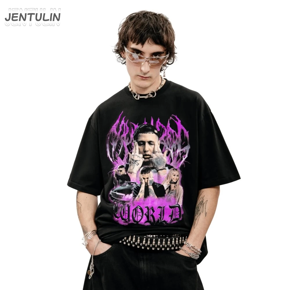 Harajuku المتضخم الشارع الشهير ملابس للرجال CMH الجرافيك MUDBLOOD WORLD قميص مطبوع الجمالية الهيب هوب قصيرة الأكمام قوطي Y2k #5