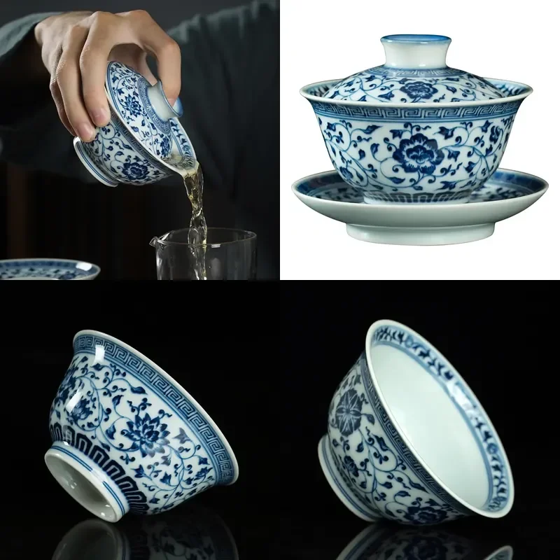 

【CHIMU HOME】 Blue and White Hand-Painted Porcelain Cup with Matching Saucer Set 12 oz