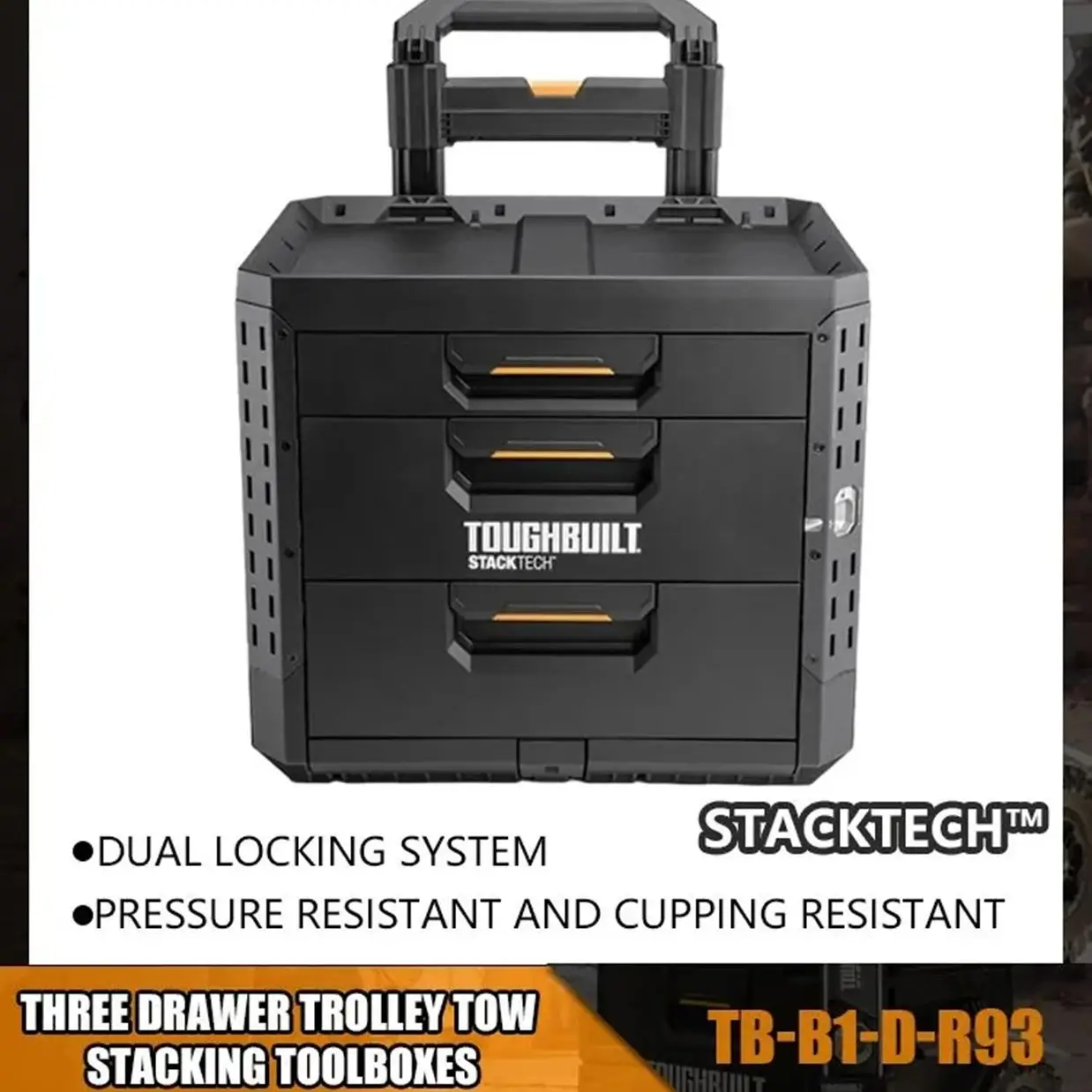 

TOUGHBUILT Three Pull Rod Stacking Toolbox for Electricians to Repair Self Locking Tugboat Boxes for Camping TB-B1-D-R93