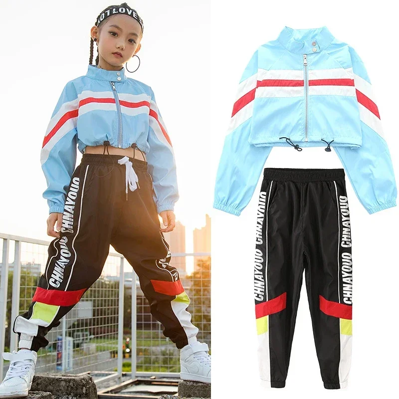 子供用ダンスコスチューム、長袖ジャケット、ブラックパンツ、ストリートステージ服、ジャズアウトフィット、ヒップホップパフォーマンスウェア