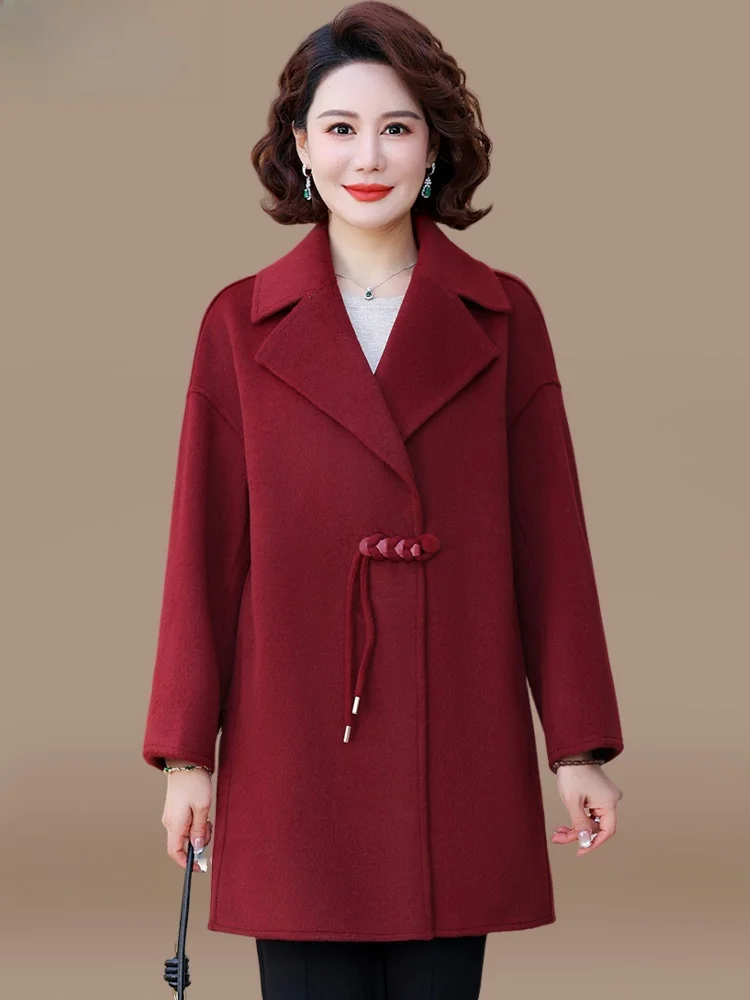 

Sli Double-Faced Woolen Coat for Middle-Aged Mothers Spring Faion Outerwear Loose Fit V-Ne Button Closure Cardigan