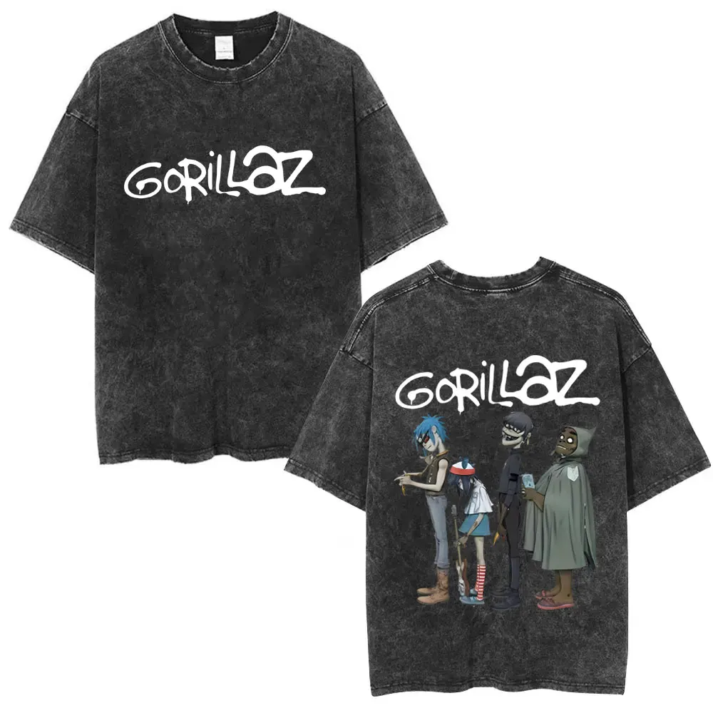 

Washed Vintage Rock Band Gorillaz Double Sided Print T-shirts Men Hip Hop Fashion T Shirts Men's Cotton Casual Oversized T-shirt
